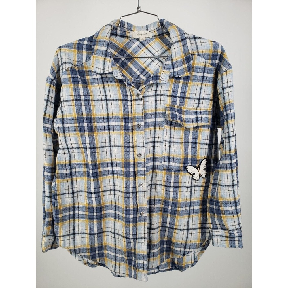No Comment Flannel Shirt Womens Long Sleeve Plaid Size‎ Large L Butterfly Patch